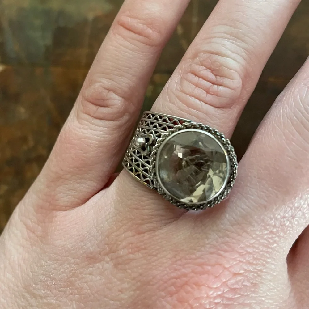 Vintage deco ring silver mesh with smoky quartz stone